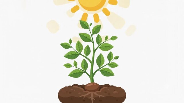 Simple vector animation of seed growing into healthy green plant under sunlight