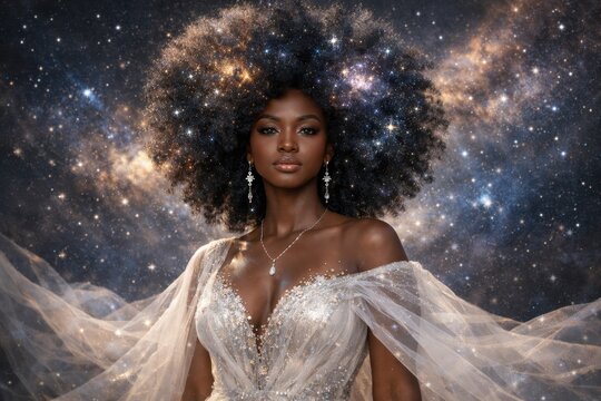 Elegant cosmic woman portrait with galaxy hair and sparkling fashion in magical universe background