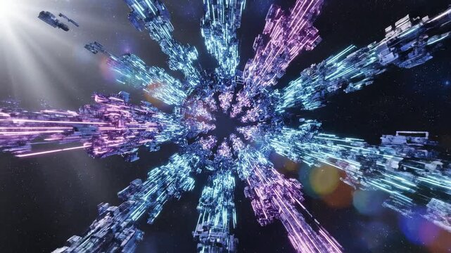 Abstract digital tunnel, futuristic space city architecture, glowing particles, blue and purple neon lights, motion blur, sci-fi background