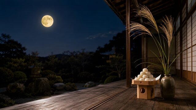 十五夜の夜空に浮かぶ満月と月見団子 縁側のお月見の和の情景