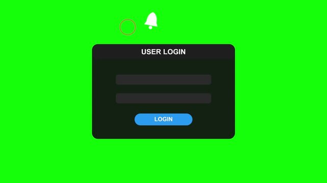 User login interface box animation with notification bell icon appearing on a bright green motion background