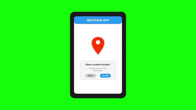 Smartphone weather application displaying a location access request prompt in this digital motion animation video clip
