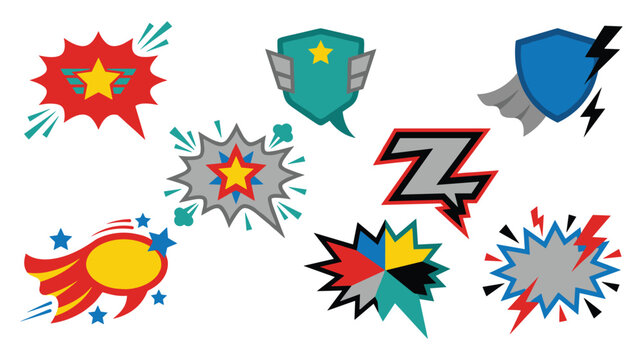Superhero comic book explosion shapes with stars lightning and bold colors.
