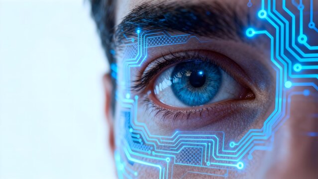 Closeup of human eye with digital circuit overlay