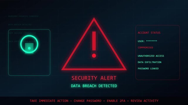 Cybersecurity data breach alert warning animation showing compromised user account status on a digital interface screen