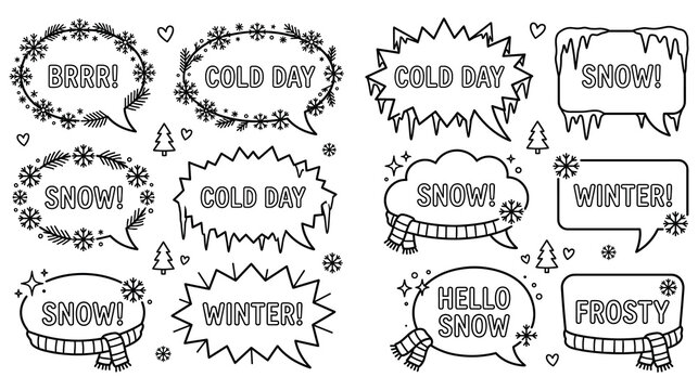 Winter themed speech bubbles set with snowflakes trees scarf and cold weather text designs.