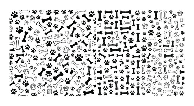 Dog bones and paw prints black and white vector pattern on white background
