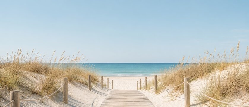 Scenic coastal summer pathway to tropical beach with turquoise ocean and white sand for relaxation and vacation themes