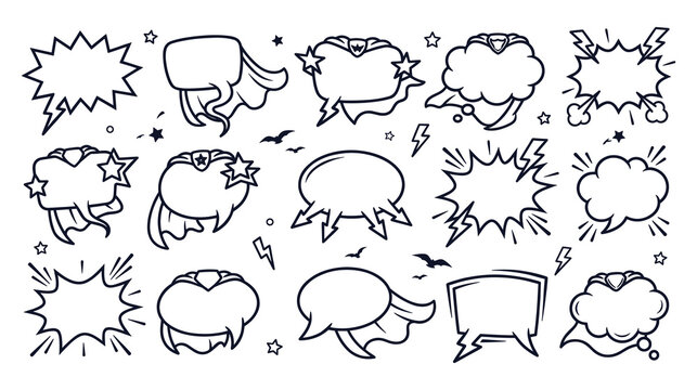 Comic book explosion speech bubbles and superhero capes doodle set.