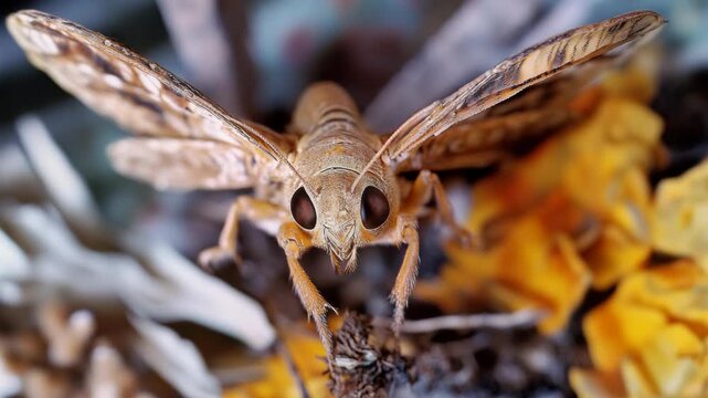 A detailed of a brown cricket perched on the leaves and stems of a plant. The background is blurred but shows hints of greenery and brightly colored yellow flowers.