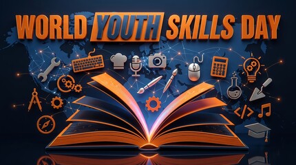 Obraz premium World youth skills day concept with an open book and various professional icons representing education, career development, and technical training for global future success.