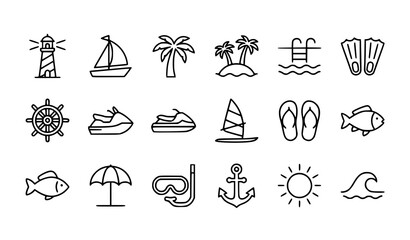 Thin Line Tropical Vacation and Water Sports Icon Set Editable Stroke Vector Collection © Md