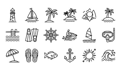 Modern Beach Travel and Marine Outline Icon Pack Editable Vector Set © Md