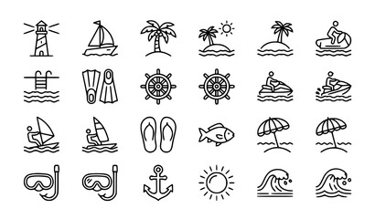 Professional Seaside and Water Sports Outline Icon Collection Editable Vector Set © Md