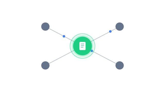 Central document icon connected to peripheral nodes in this minimalist digital motion graphic animation loop