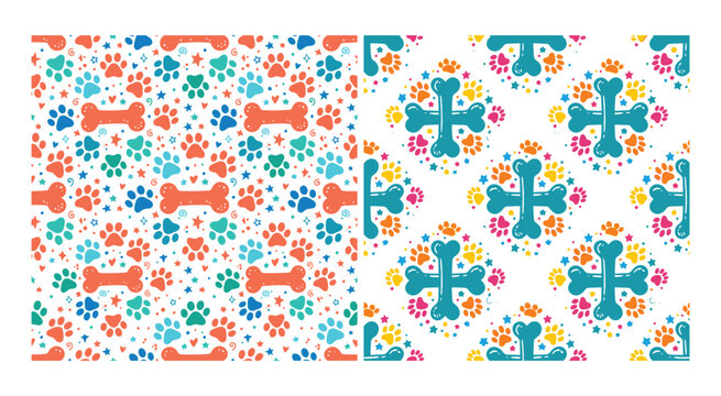 Dog Bone And Paw Print Pattern Colorful Vector Illustration On White Background