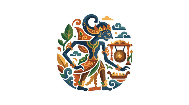 Circular wayang kulit dancer illustration with traditional motifs