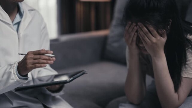 Caregiver documenting the progress of a teenager with depression. Mental health assessment, therapy, counseling, healthcare, recovery, support, compassion, 4K.