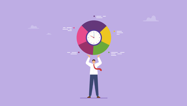 Businessman hand holding pie chart with clock. Time management, project plan schedule, deadline or work efficiency, urgency or strategy to finish work in time, productivity or appointment concept.