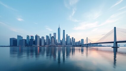 Fototapeta premium Tall city skyscrapers, cable-stayed bridge and smooth water reflections at soft sunrise