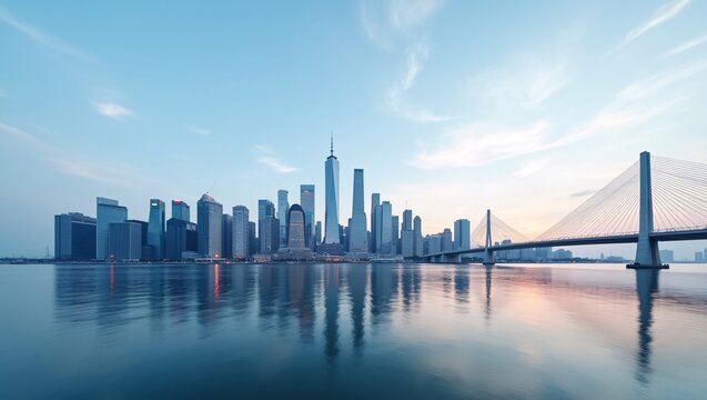 Tall city skyscrapers, cable-stayed bridge and smooth water reflections at soft sunrise