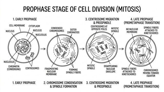 Prophase Line Art Vector Illustration Set &ndash; Chromosome Condensation and Cell Division Anatomy