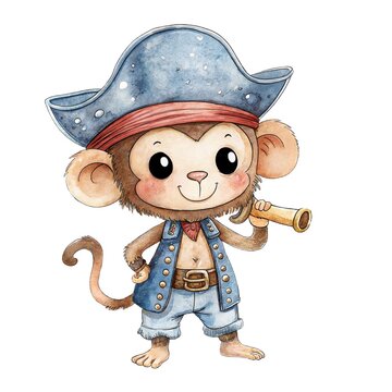 Cute watercolor illustration of a friendly little monkey dressed as a pirate with a telescope isolated on a white background.