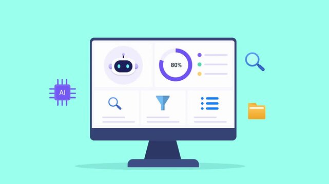 Modern flat vector animation of an AI search dashboard on a desktop monitor with search, filter, list, and progress widgets. Ideal for artificial intelligence, web applications, and data management.
