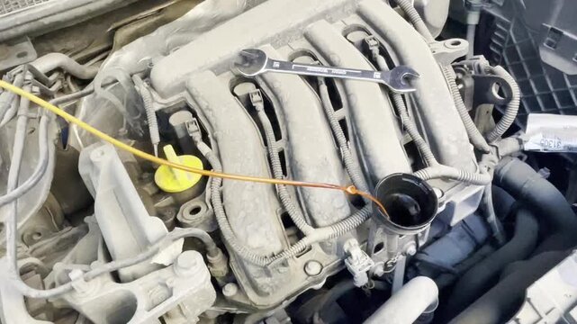 Motor coche revisar aceite dep&oacute;sito varilla y niveles c&aacute;rter mec&aacute;nico revisi&oacute;n inspecci&oacute;n de veh&iacute;culo y bloque motor car oil level and engine lubricante y viscosidad