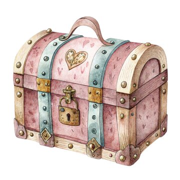 Watercolor illustration of a romantic vintage pink wooden treasure chest with a heart symbol and a metal padlock isolated on a white background.