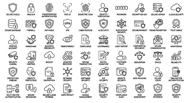 Trust and Security Line Icons Pack Featuring Cybersecurity Business Credibility Privacy and Data Protection