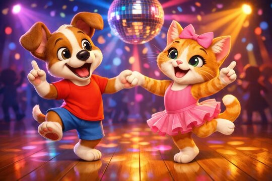 Cute cartoon dog and cat dancing together under disco lights joyful party animation scene