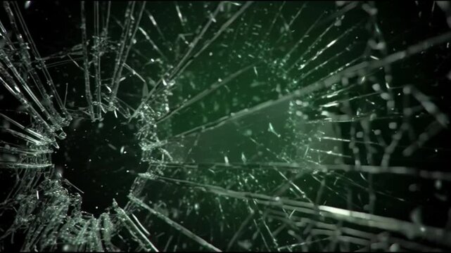 Glass shattering into pieces against a dark green background