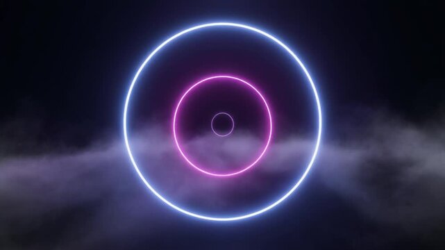 Rings concentric animation tracks deep neon circle layers. Smoke fog clouds filter purple geometric ring paths. Minimal tech design graphics loop loop able background assets.