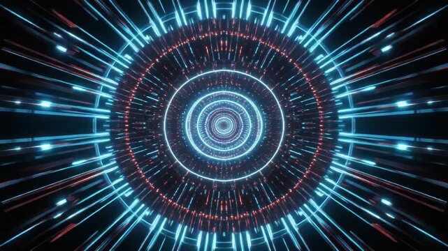 Image photo animation journeys neon circle tunnels. Red blue light rays streak across high speed lines. Creative velocity speed channels loop infinite vector paths.