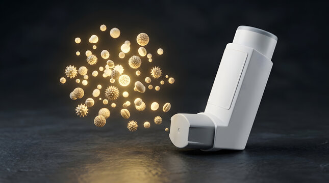 Medical asthma inhaler positioned beside a cloud of glowing floating allergen particles on dark surface