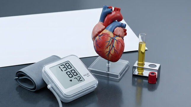 Medical heart model and blood pressure monitor with test tube for cardiovascular health testing concepts