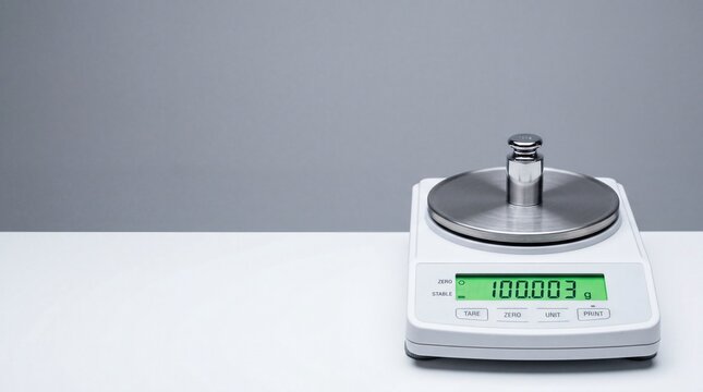 Digital scale displaying weight measurement with a calibration weight on the platform. The background is plain and neutral in color.