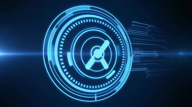 Technology glowing animation loops digital interface lines. Circular tracking dials ring system metrics charts. Tech circuit block architectures loop corporate data screens.