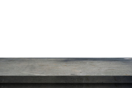 Old Gray Weathered Wooden Table Top with White Wall Background for Product Display Mockup