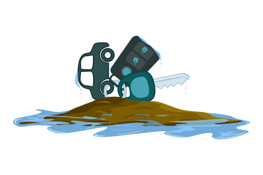 Lost car keys in water puddle. Vehicle key fob dropped in wet mud. Car remote and key submerged in dirt. Roadside assistance, vehicle security issues, auto insurance, all keys lost service. Vector