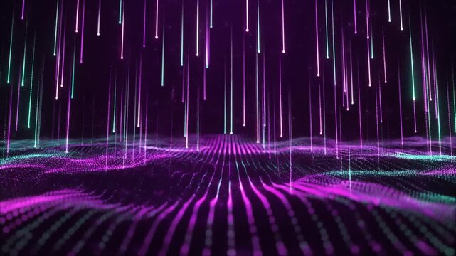 Animation paths digital landscape grid lines. Falling particle dust fields track cyber security tracks. Tech computing database networks loop cloud server information logs.