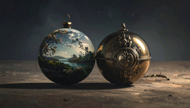 Decorative Globe Ornaments on Rustic Surface