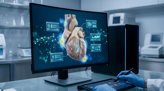 Medical professional using digital interface to analyze 3d heart model for cardiac health research diagnostics