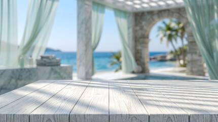 Fototapeta premium Empty white wooden tabletop on mediterranean terrace with sea view for product mockup display and summer advertisements.