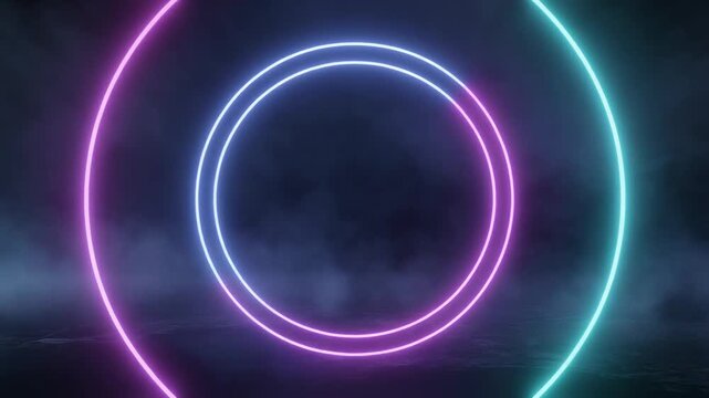 Abstract background animation rings neon circle tracks. Colorful smoke clouds swirl across shimmering light paths. Luxury presentation charts loop template data records.