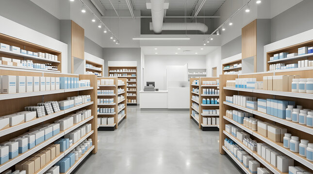 Modern pharmacy interior with aisles stocked with shelves of medicine products in retail store