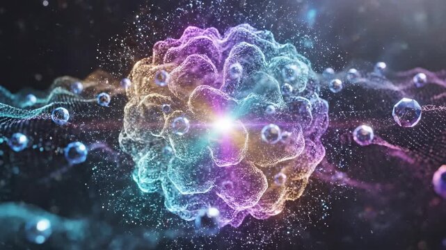 Abstract swirling particle cluster with glowing blue crystals and bokeh, science, technology, and medicine concepts