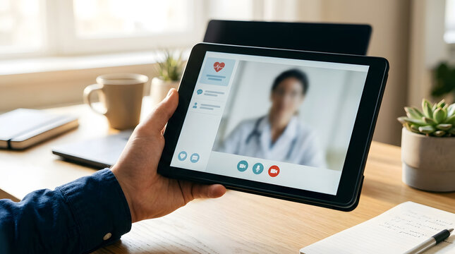 Person holding tablet for virtual medical consultation with doctor in professional telemedicine app display