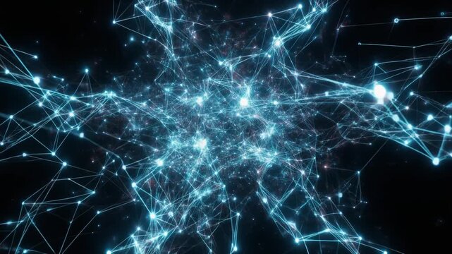 Abstract network animation maps blue connection node lines. Metric tracking paths route connected internet loops. Cyber cloud server database logs loop technical files.